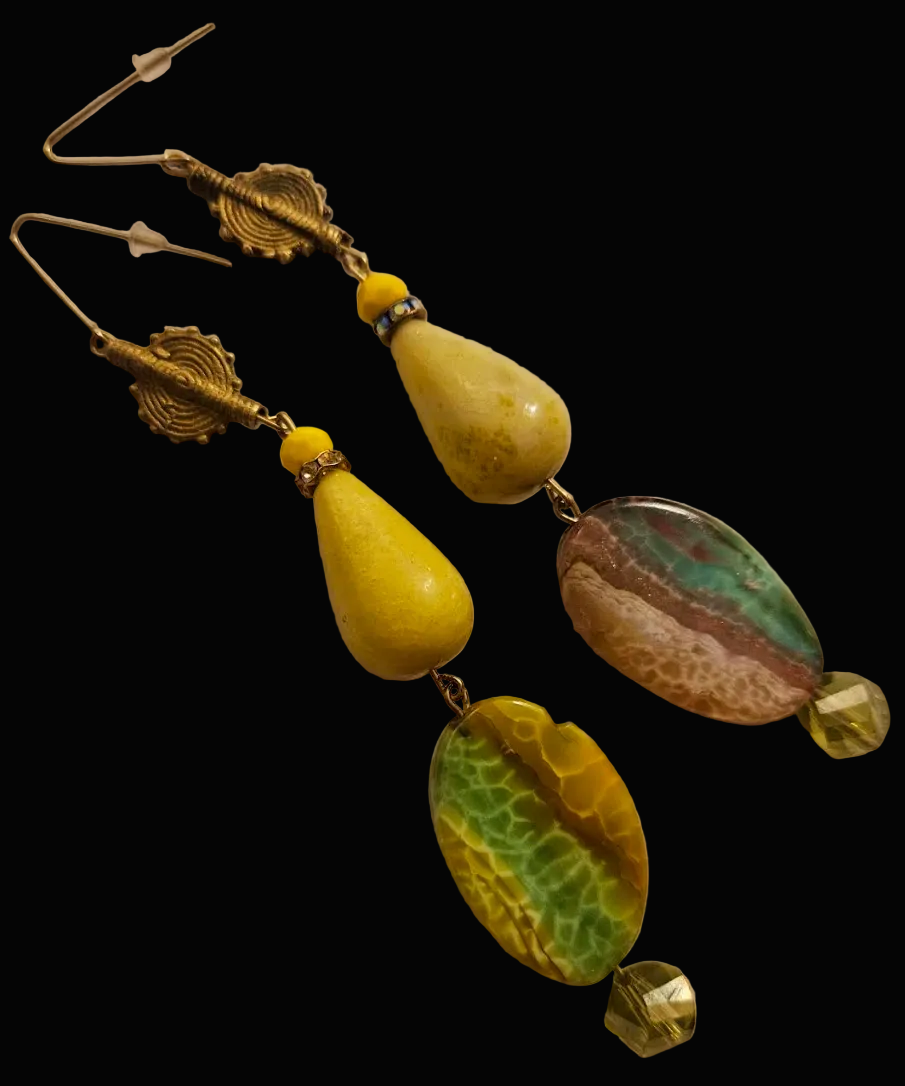 Exotic Green Yellow & Gold Shoulder Duster Statement Earrings