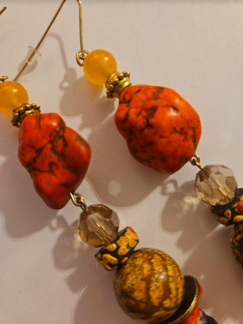 Orange Faux Turquoise Nugget & Mixed Media Shoulder Dusters Autum