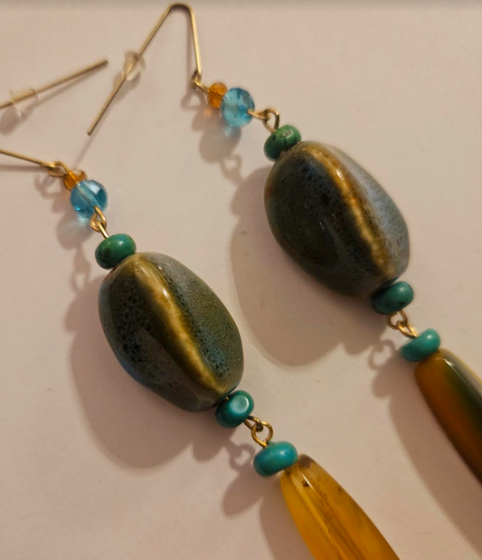 Olive & Yellow Super Long Pierced Statement Earrings Agate Turquoise