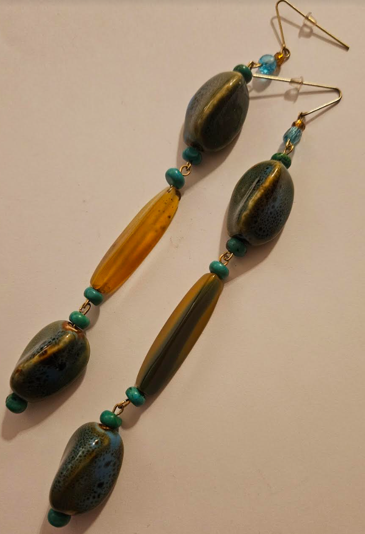 Olive & Yellow Super Long Pierced Statement Earrings Agate Turquoise