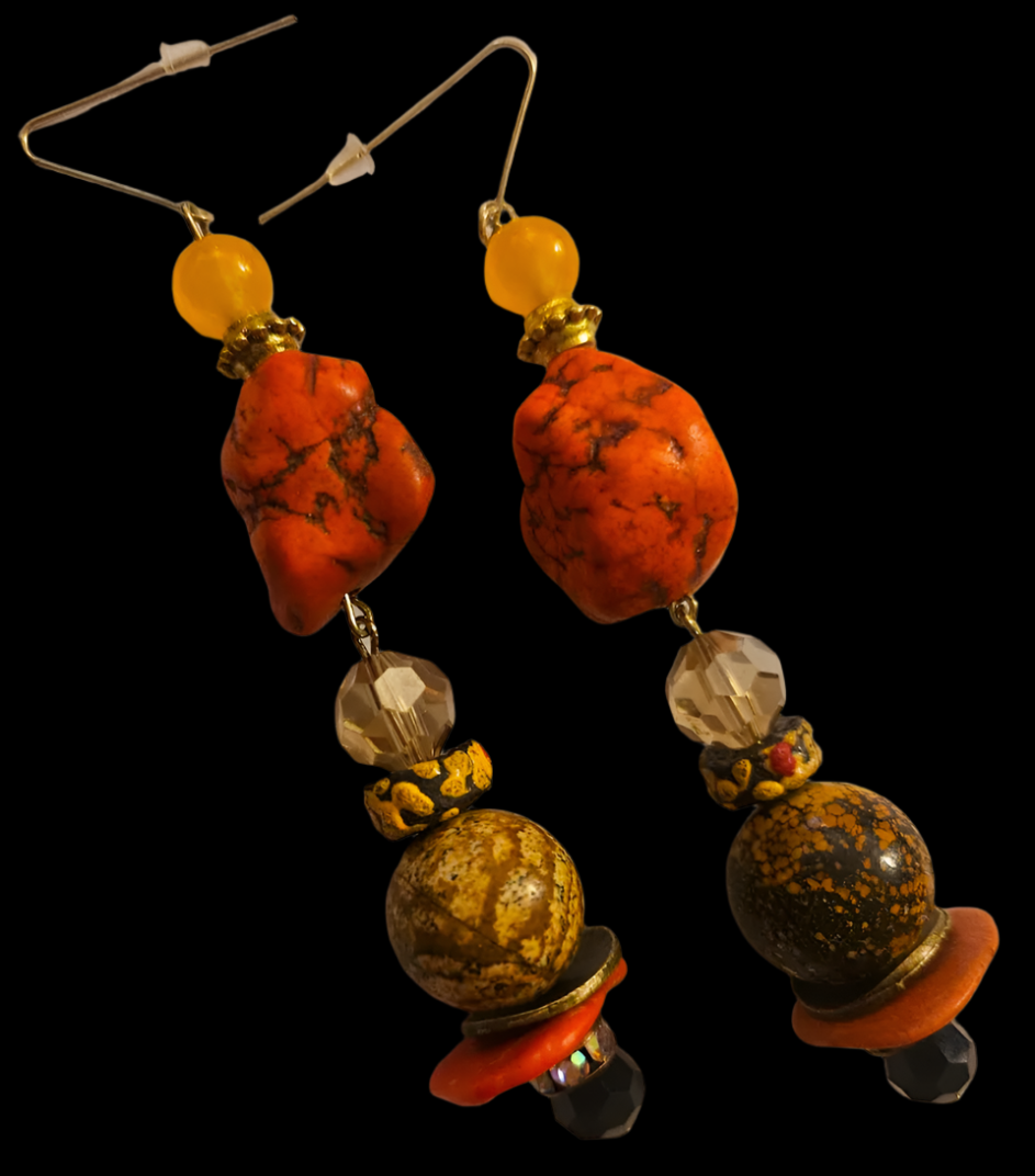 Orange Faux Turquoise Nugget & Mixed Media Shoulder Dusters Autum