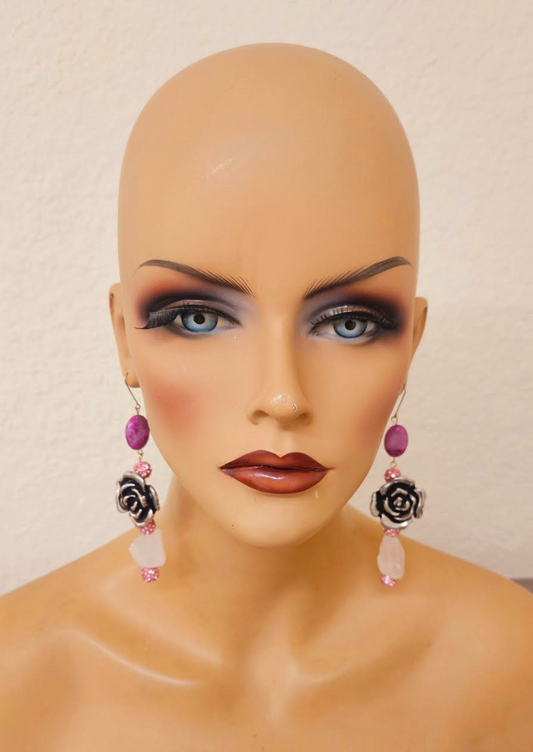 Rough Dusty Rose & Pink Pave Rhinestone Silver Tone Floral Statement E