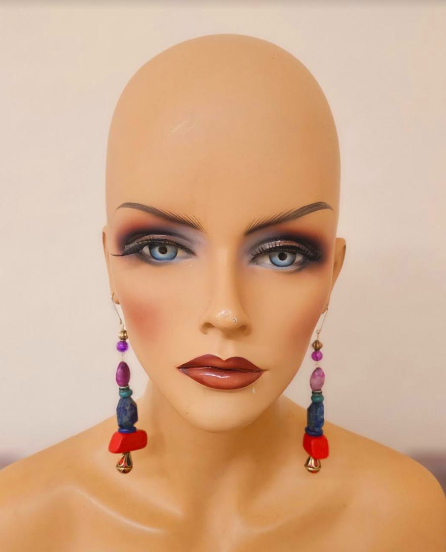 Mixed Media Colorful Gemstone & Bead Long Pierced Statement Earrings