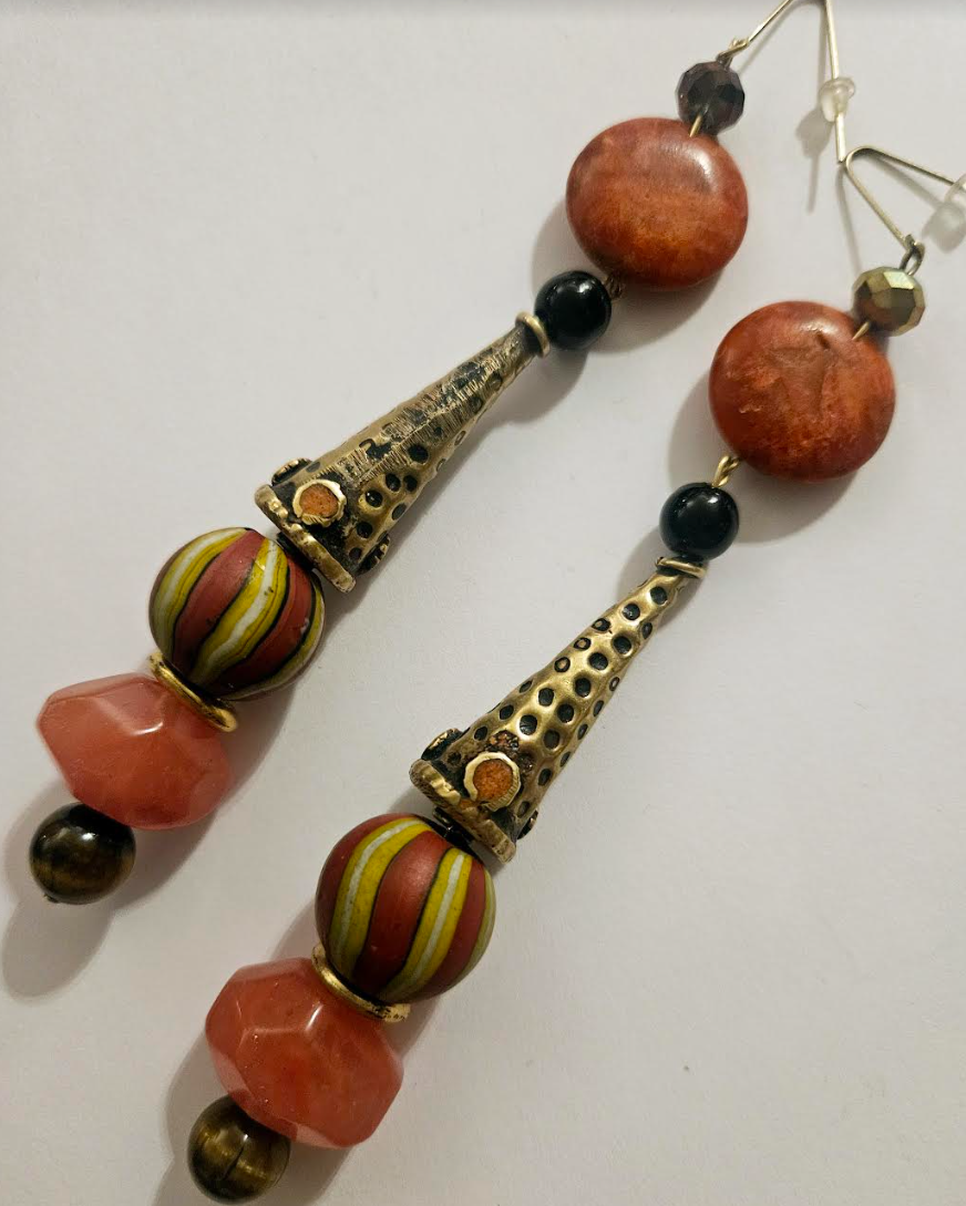 Exotic Orange Black & Gold Tribal Shoulder Dusters Coral Brass Ge