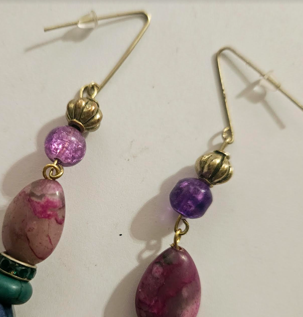 Mixed Media Colorful Gemstone & Bead Long Pierced Statement Earrings