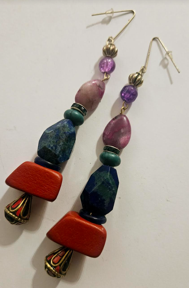 Mixed Media Colorful Gemstone & Bead Long Pierced Statement Earrings