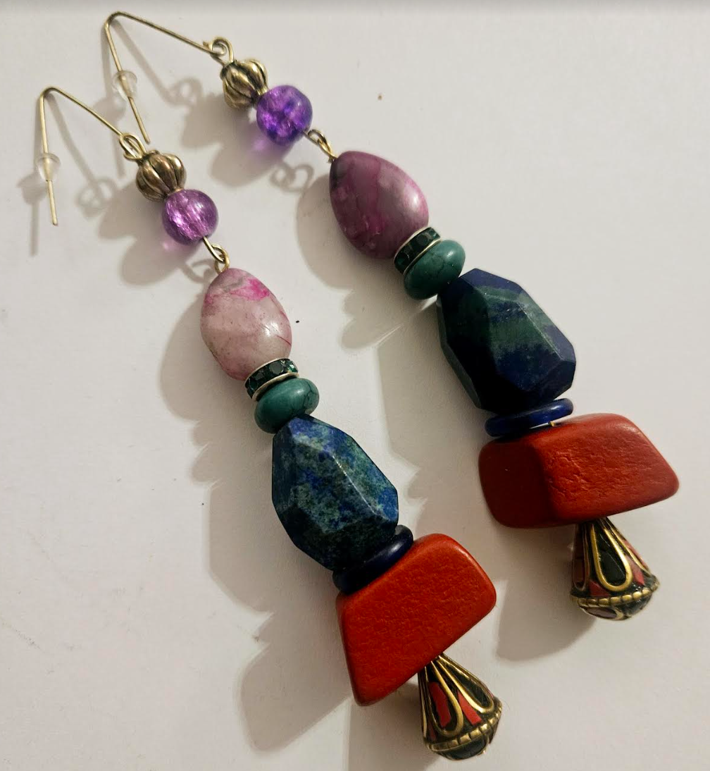 Mixed Media Colorful Gemstone & Bead Long Pierced Statement Earrings