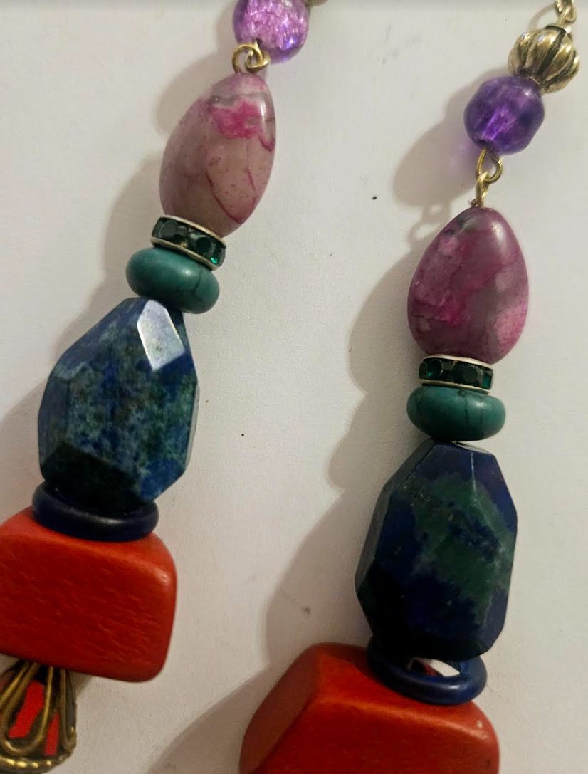Mixed Media Colorful Gemstone & Bead Long Pierced Statement Earrings