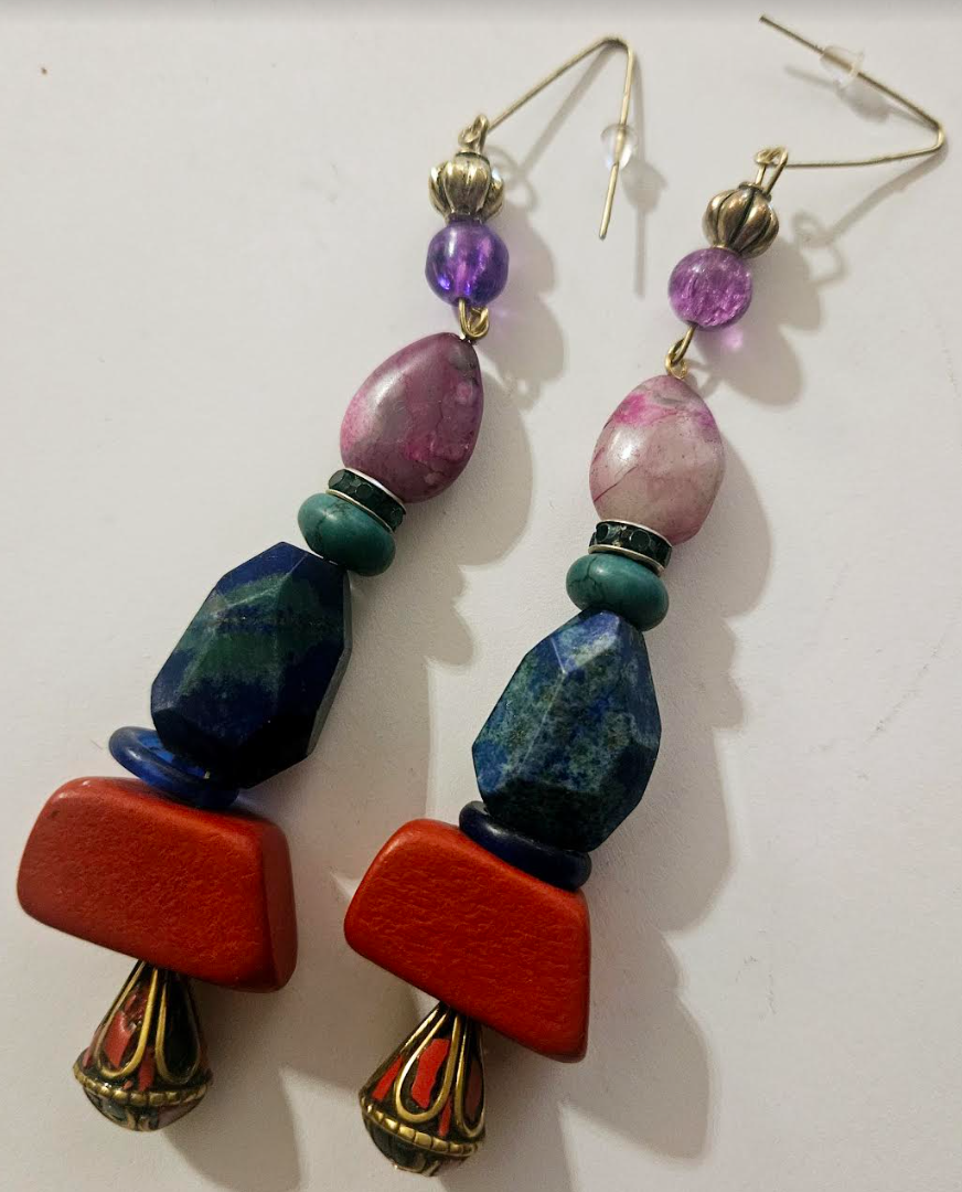 Mixed Media Colorful Gemstone & Bead Long Pierced Statement Earrings