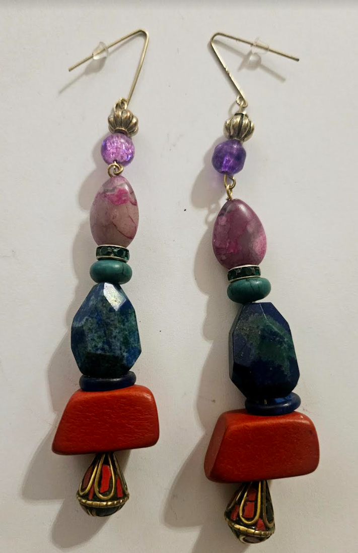Mixed Media Colorful Gemstone & Bead Long Pierced Statement Earrings