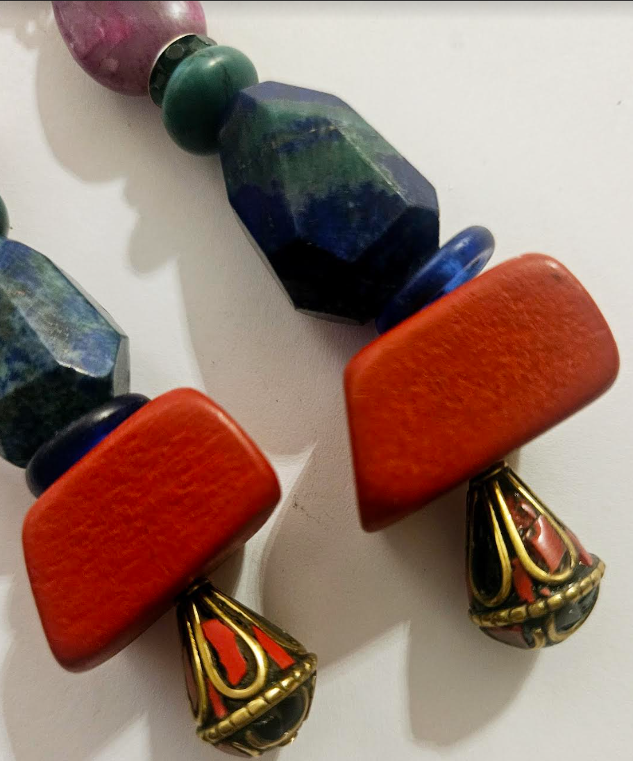 Mixed Media Colorful Gemstone & Bead Long Pierced Statement Earrings
