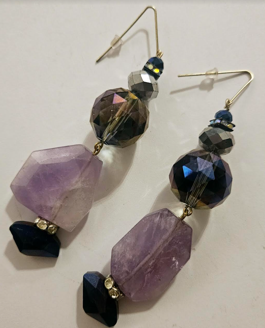 Purple Crystal and Faceted Amethyst Dangle Pierced Statement Earrings