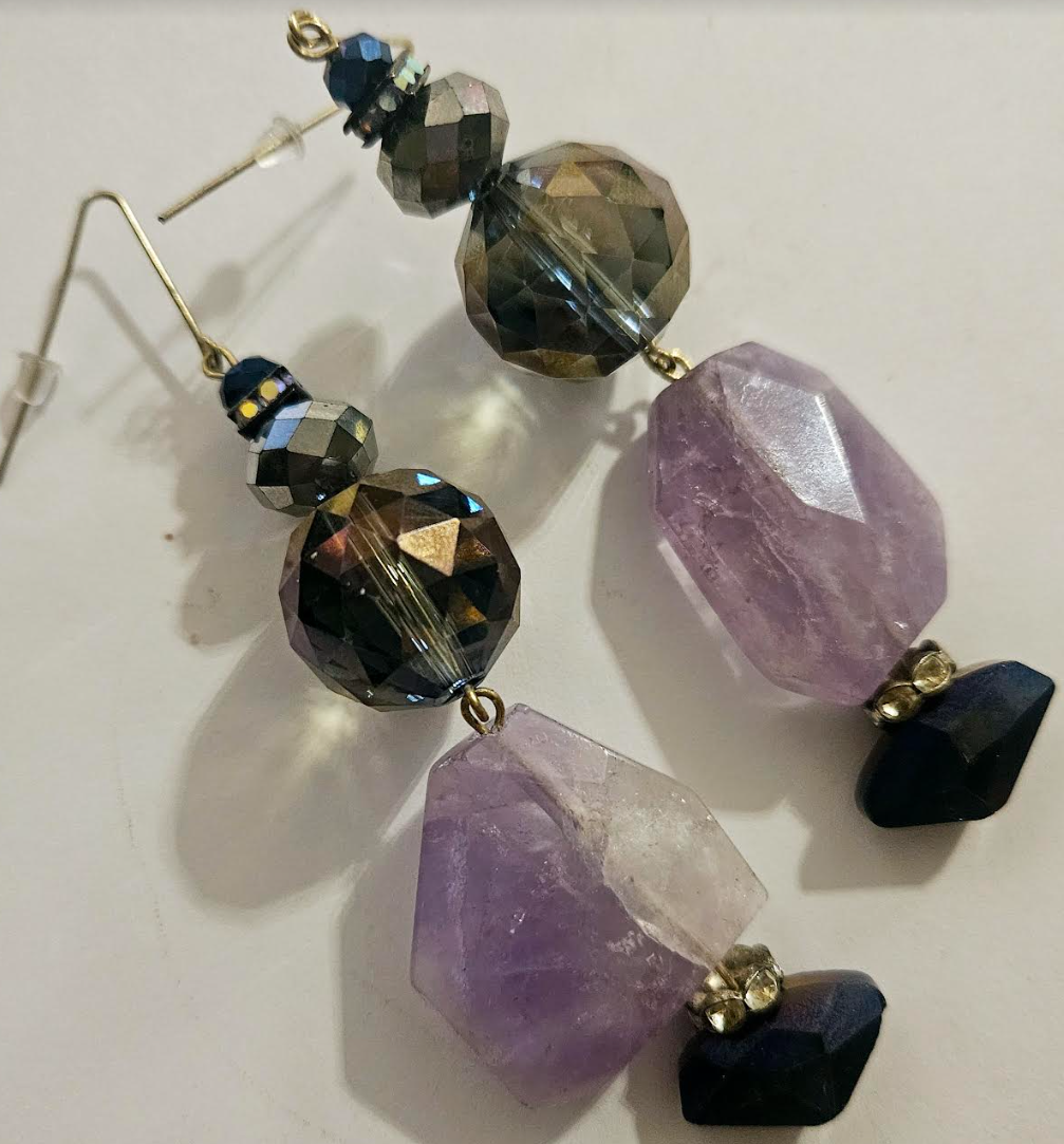 Purple Crystal and Faceted Amethyst Dangle Pierced Statement Earrings