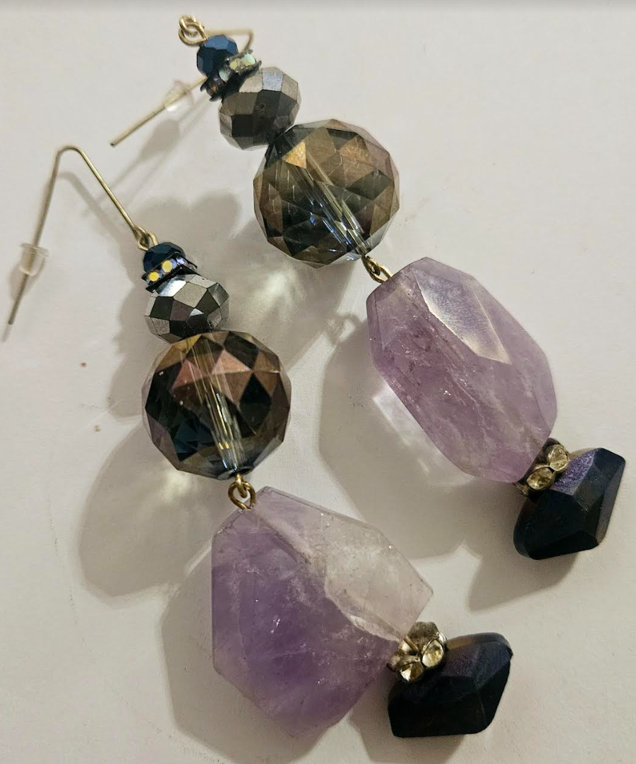 Purple Crystal and Faceted Amethyst Dangle Pierced Statement Earrings