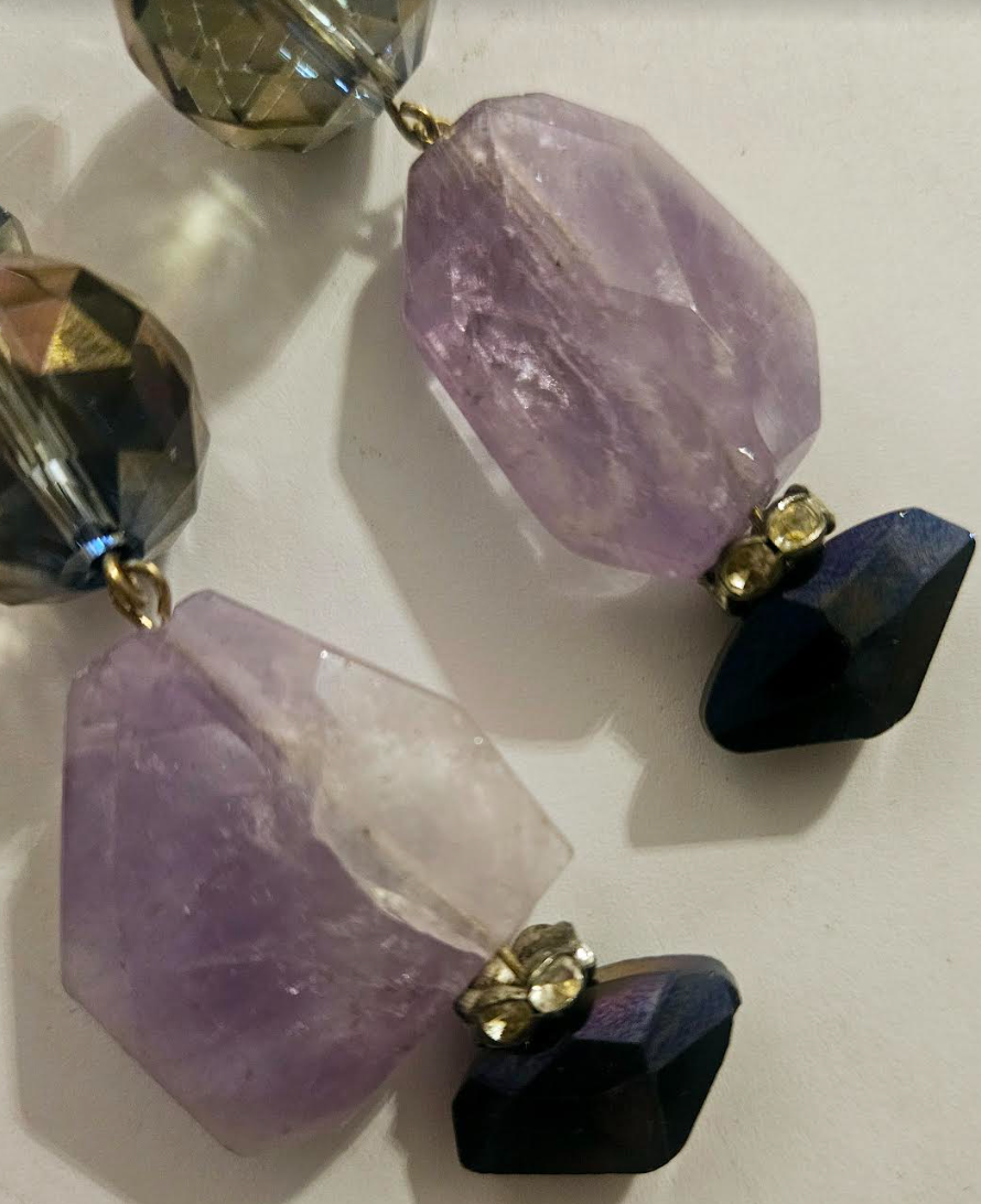 Purple Crystal and Faceted Amethyst Dangle Pierced Statement Earrings