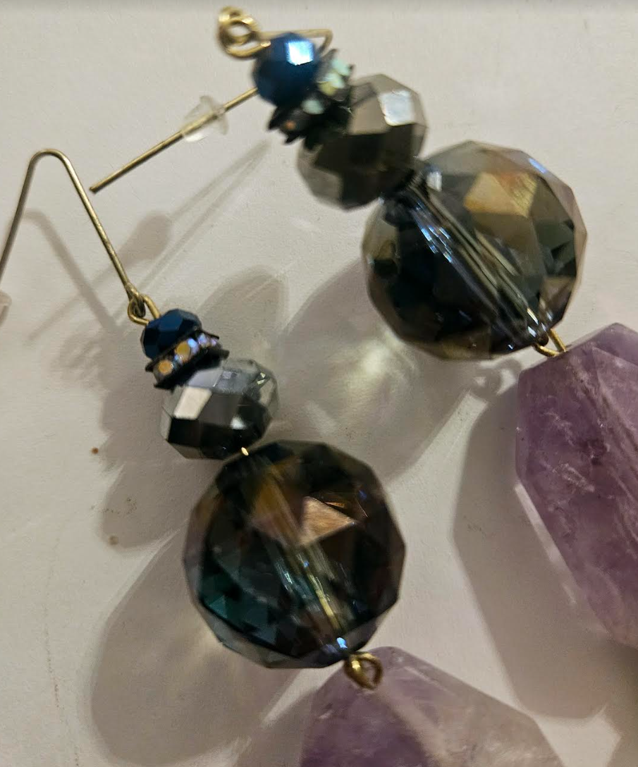 Purple Crystal and Faceted Amethyst Dangle Pierced Statement Earrings