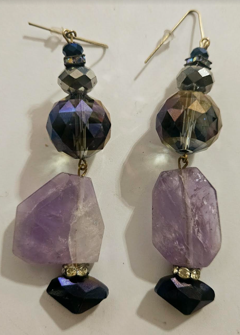 Purple Crystal and Faceted Amethyst Dangle Pierced Statement Earrings