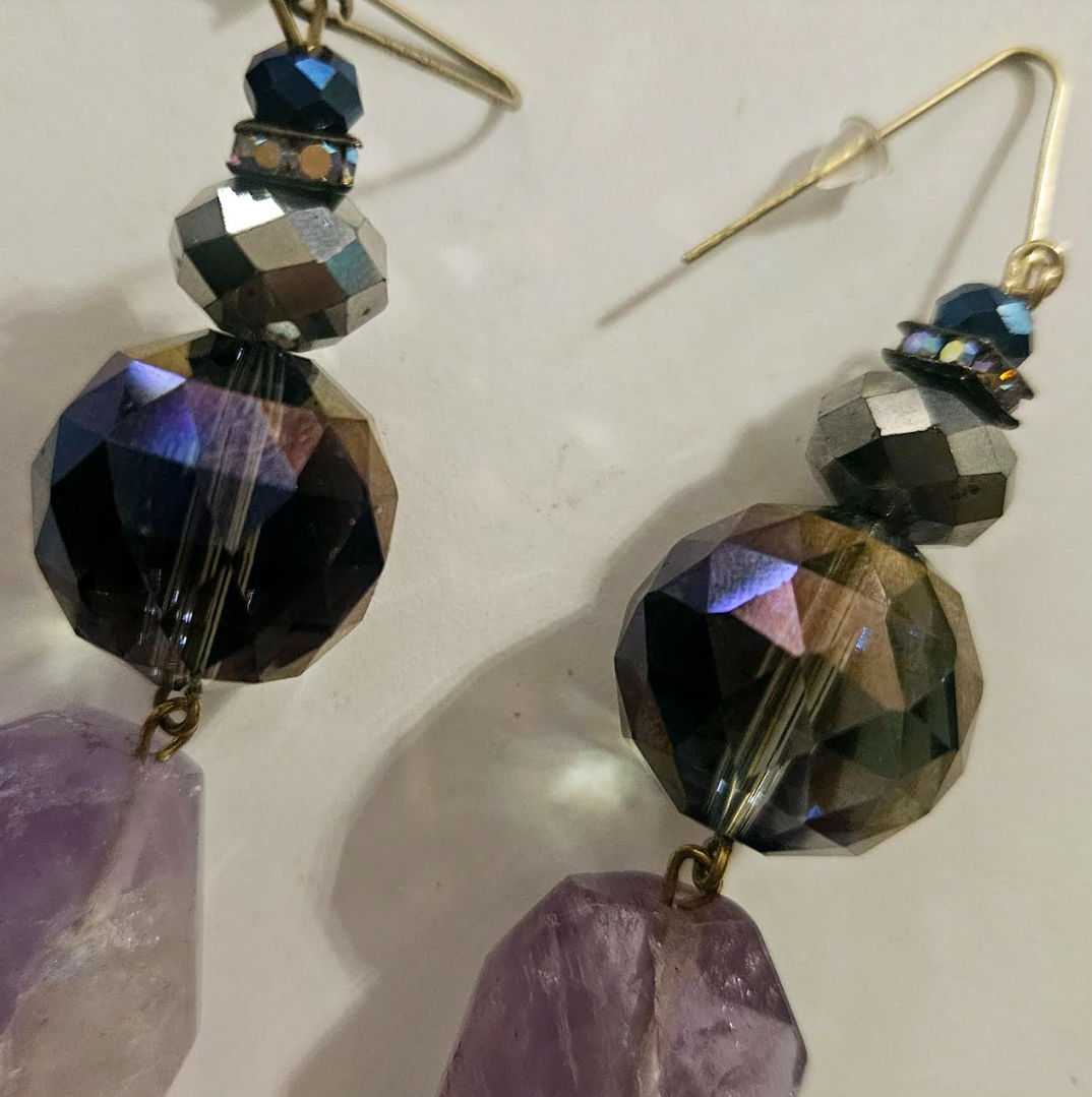 Purple Crystal and Faceted Amethyst Dangle Pierced Statement Earrings