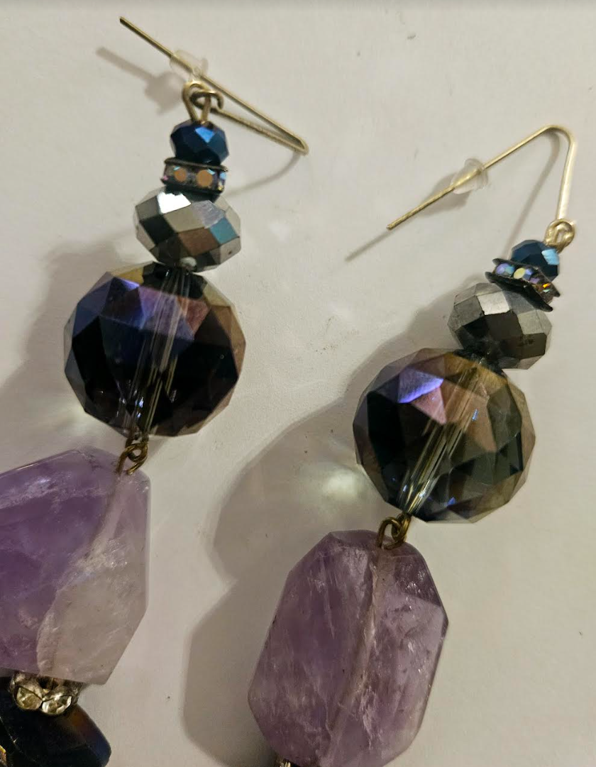 Purple Crystal and Faceted Amethyst Dangle Pierced Statement Earrings