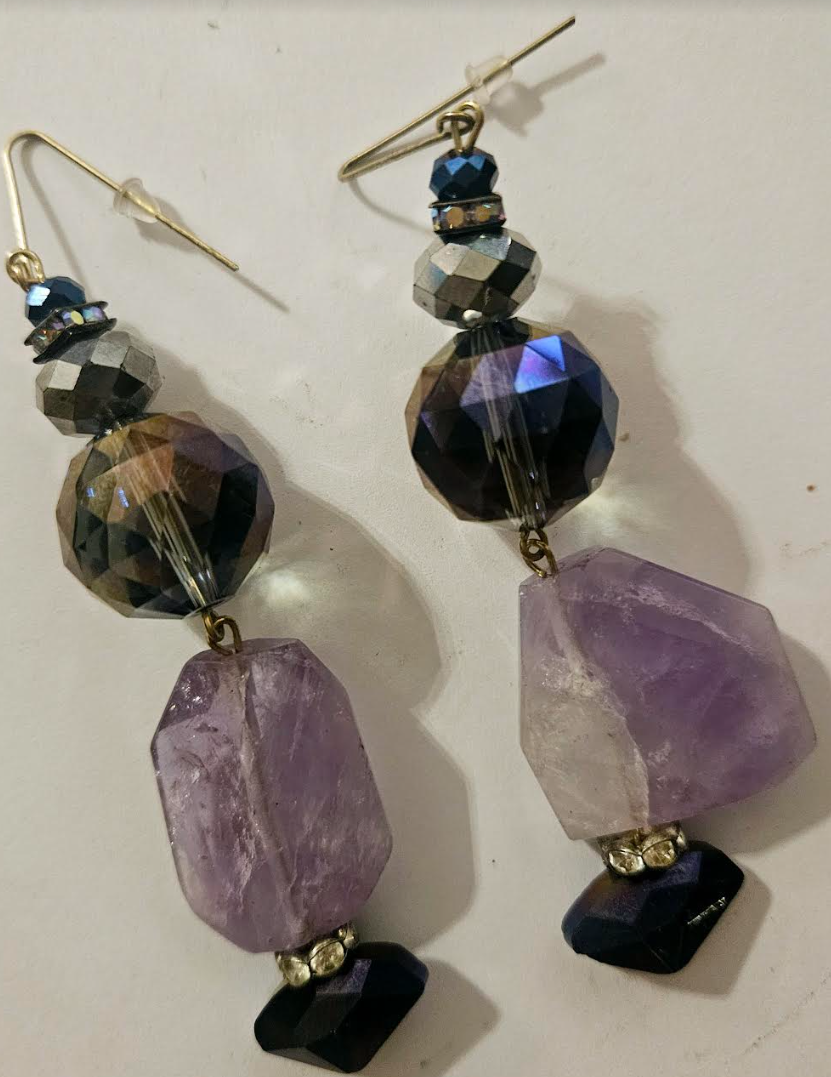 Purple Crystal and Faceted Amethyst Dangle Pierced Statement Earrings