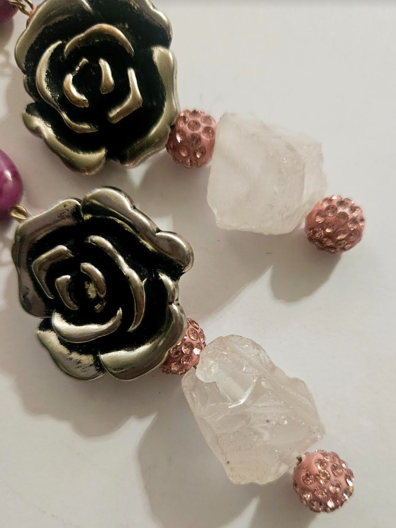 Rough Dusty Rose & Pink Pave Rhinestone Silver Tone Floral Statement E