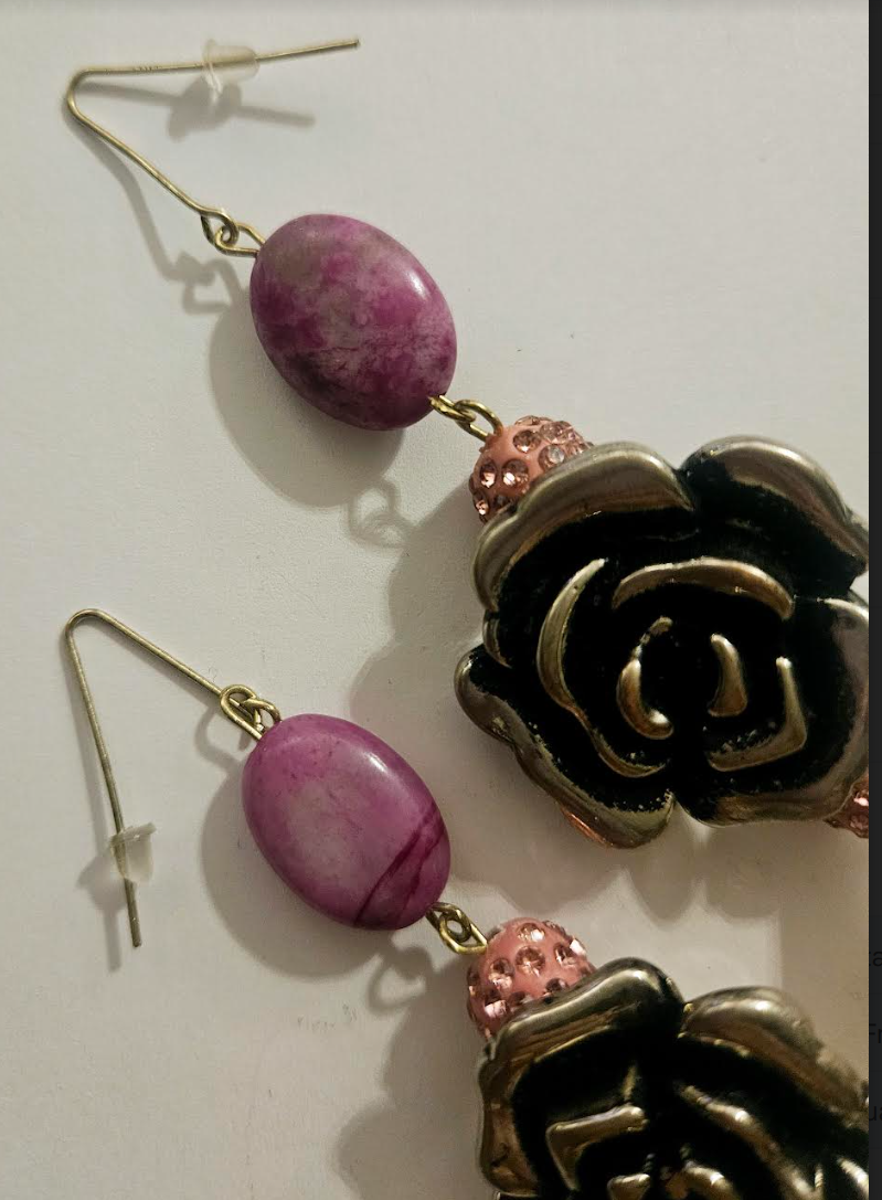Rough Dusty Rose & Pink Pave Rhinestone Silver Tone Floral Statement E