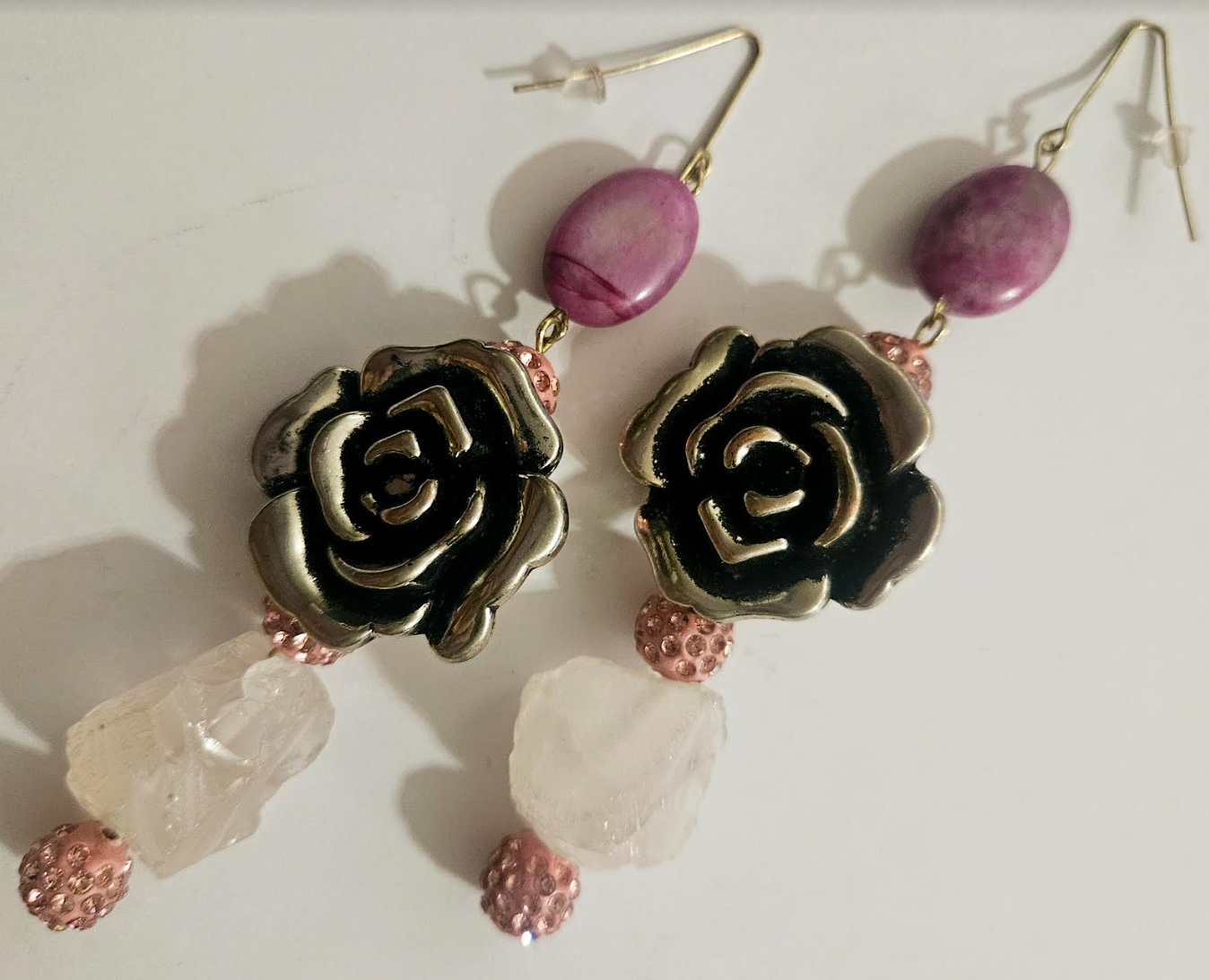 Rough Dusty Rose & Pink Pave Rhinestone Silver Tone Floral Statement E