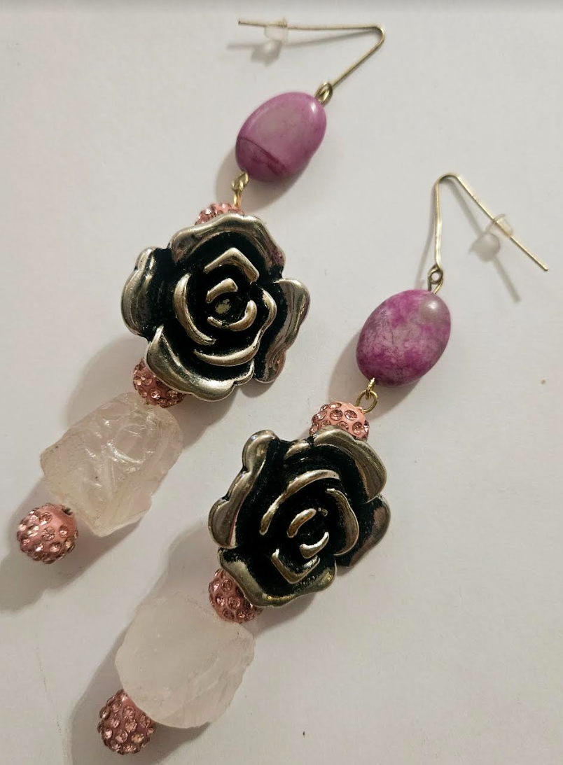 Rough Dusty Rose & Pink Pave Rhinestone Silver Tone Floral Statement E