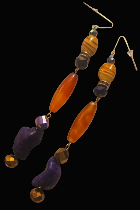 Orange & Purple Gemstone Shoulder Duster Bead Pierced Earrings