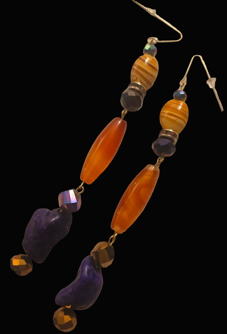 Orange & Purple Gemstone Shoulder Duster Bead Pierced Earrings