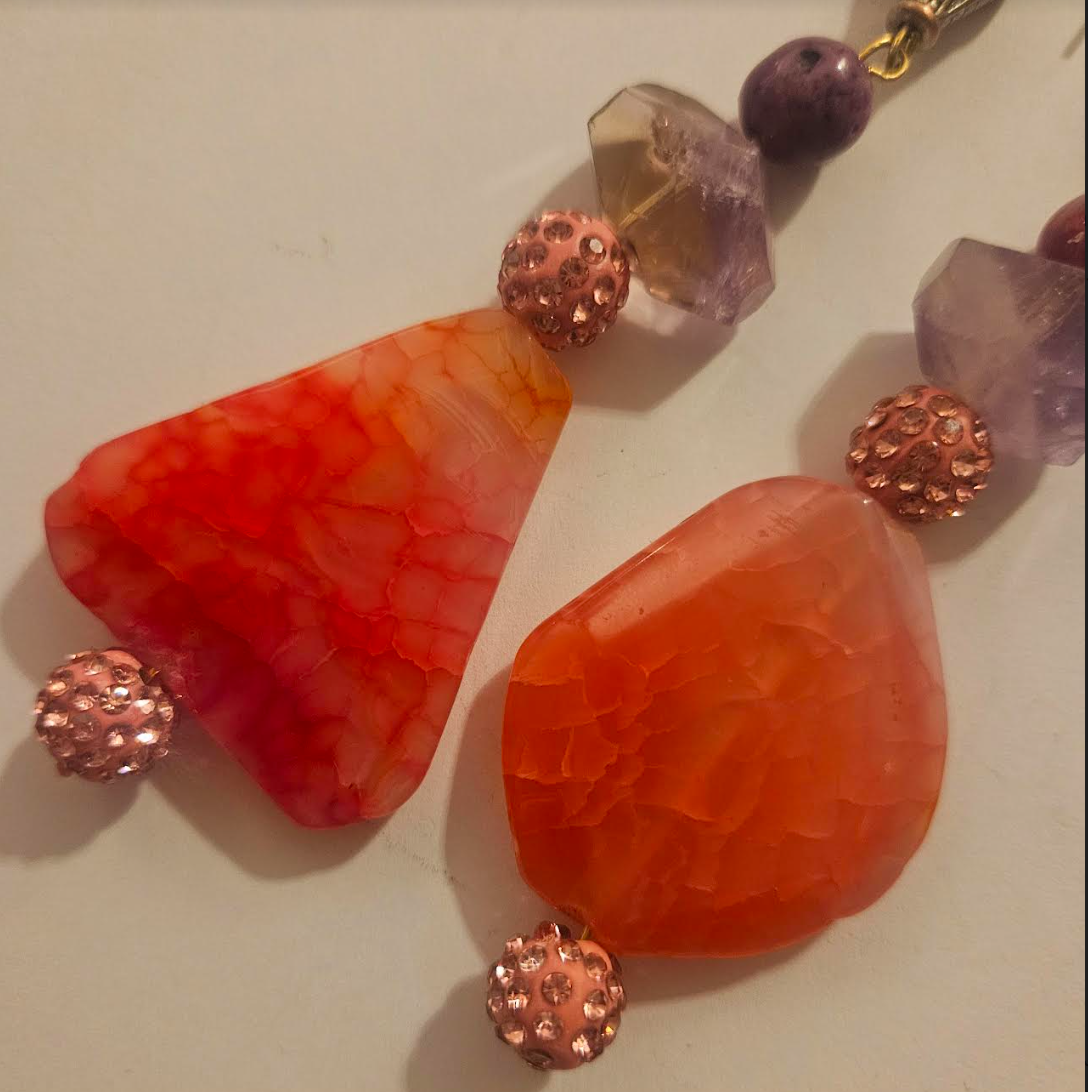 Pink Dragon's Agate Amethyst & Rhinestone Shoulder Dusters Extra