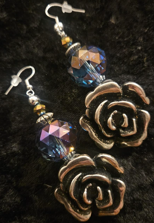 Silver Tone and Black Rose Dangle Pierced Statement Earrings Huge Pu