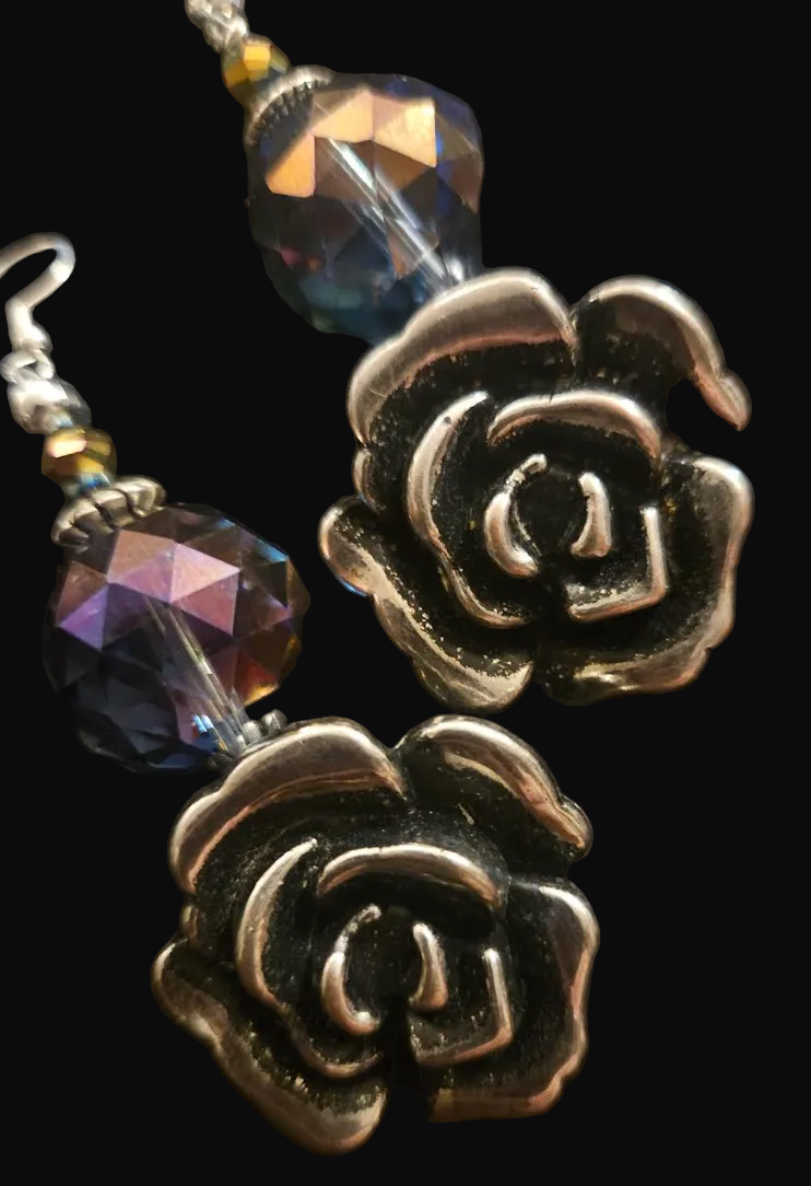 Silver Tone Black Rose & Purple Crystal Dangle Pierced Statement Earrings