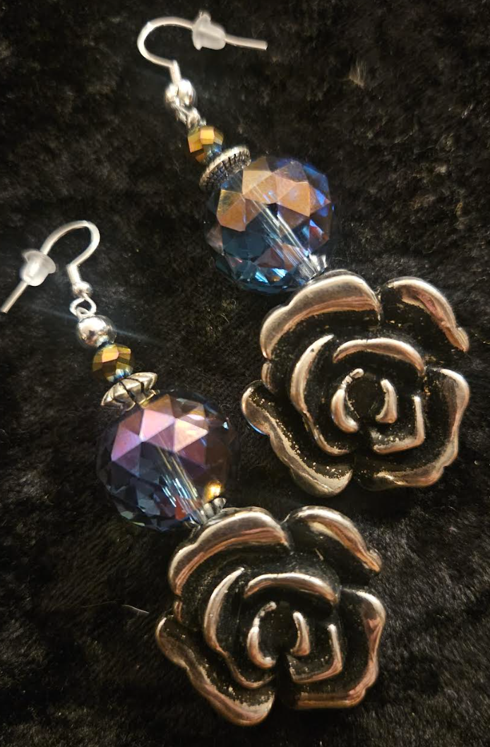 Silver Tone and Black Rose Dangle Pierced Statement Earrings Huge Pu
