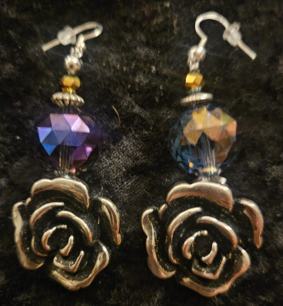 Silver Tone and Black Rose Dangle Pierced Statement Earrings Huge Pu