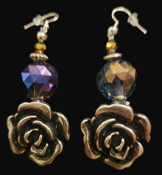 Silver Tone Black Rose & Purple Crystal Dangle Pierced Statement Earrings