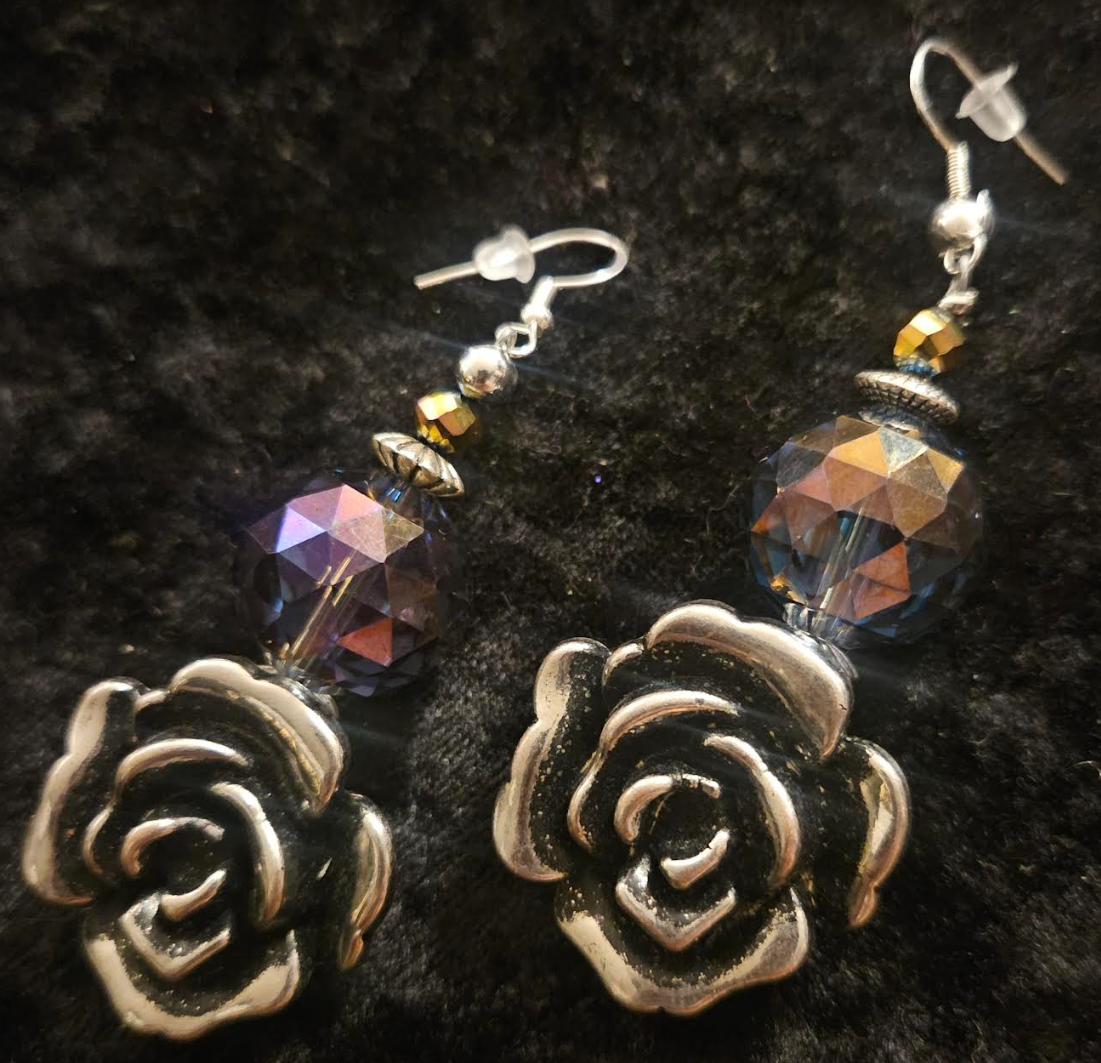 Silver Tone and Black Rose Dangle Pierced Statement Earrings Huge Pu