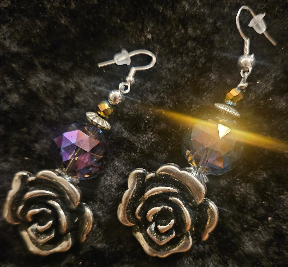 Silver Tone and Black Rose Dangle Pierced Statement Earrings Huge Pu