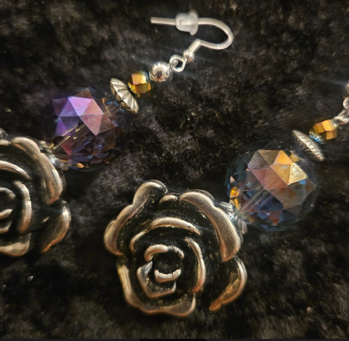 Silver Tone and Black Rose Dangle Pierced Statement Earrings Huge Pu