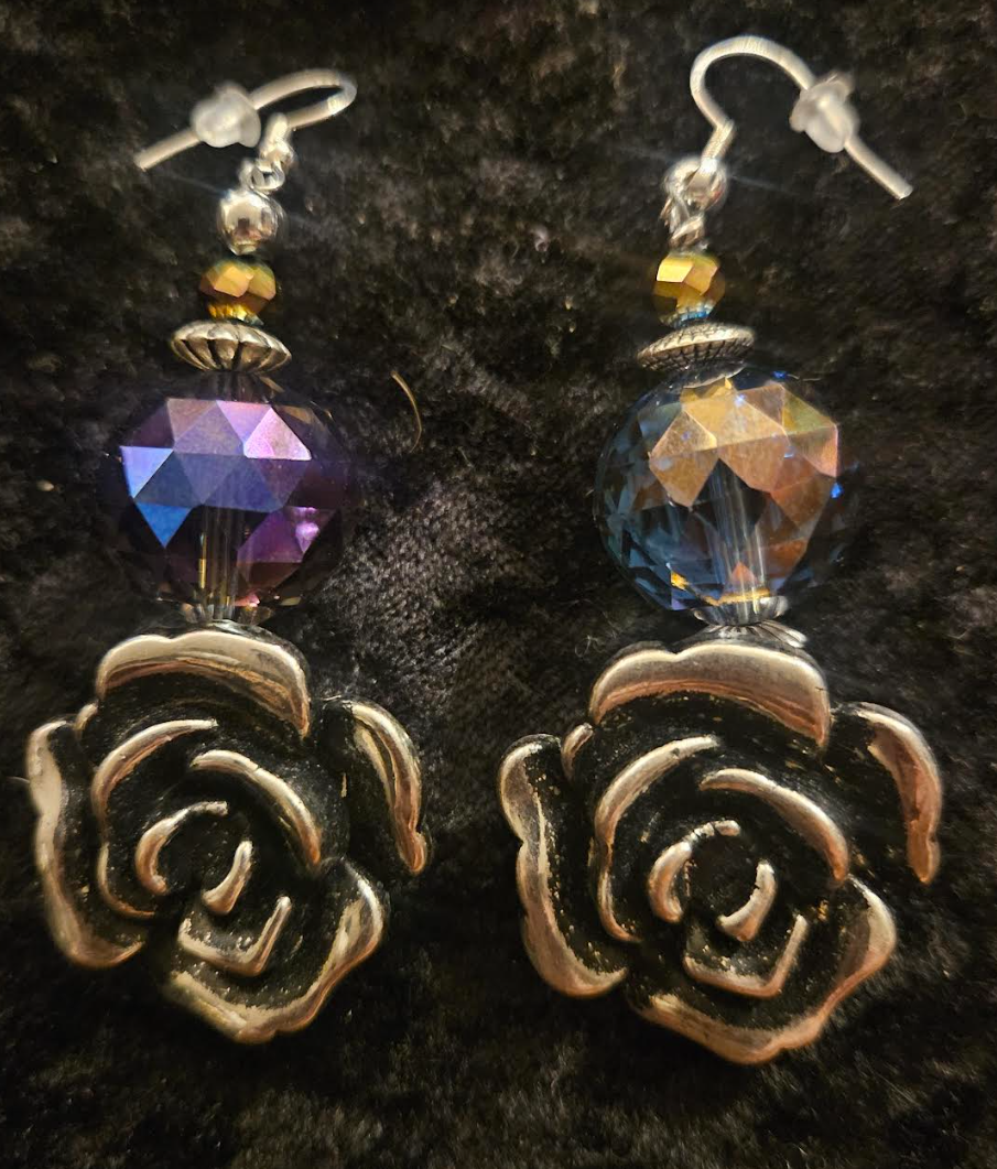 Silver Tone and Black Rose Dangle Pierced Statement Earrings Huge Pu