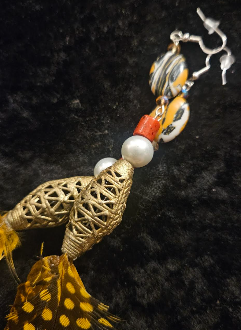 Orange Feather Shoulder Duster Pierced Statement Earrings Autumn War
