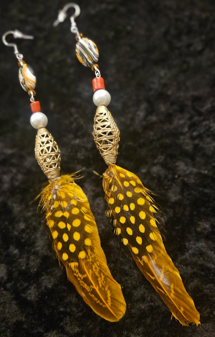 Orange Feather Shoulder Duster Pierced Statement Earrings Autumn War