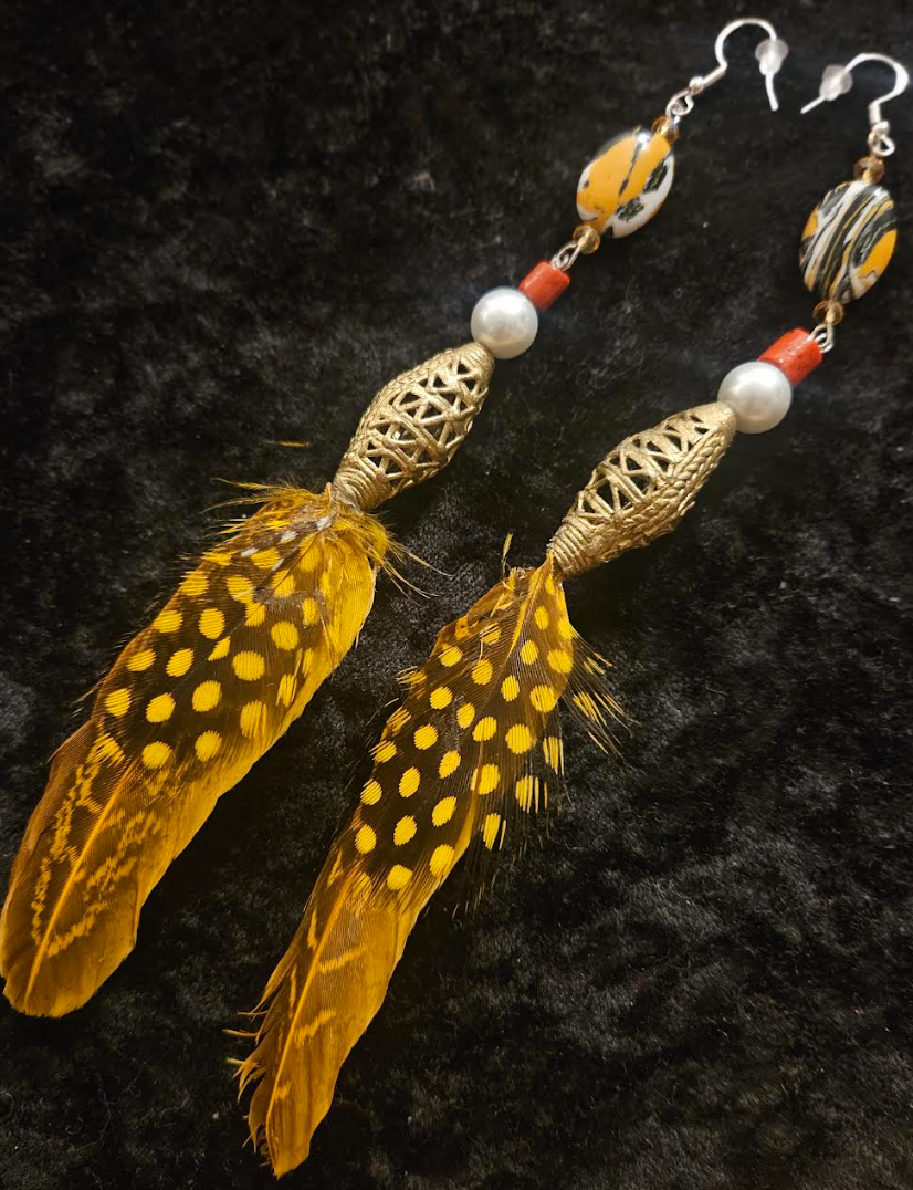 Orange Feather Shoulder Duster Pierced Statement Earrings Autumn War