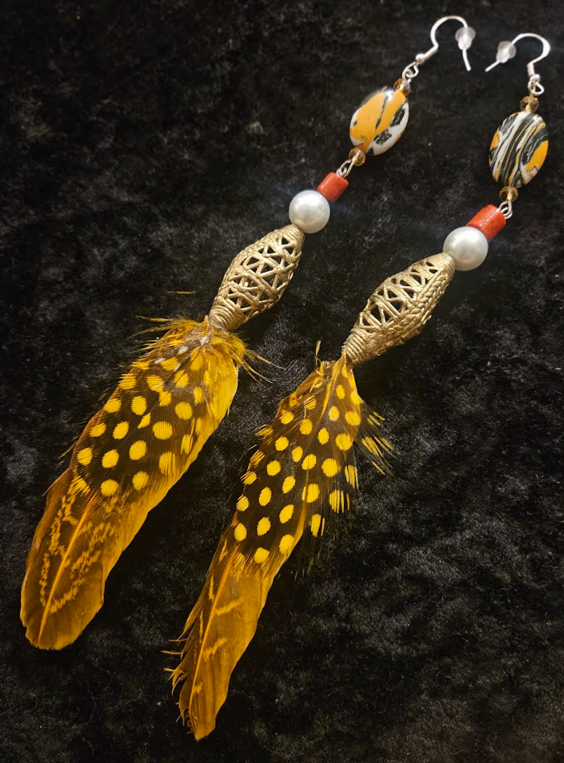 Orange Feather Shoulder Duster Pierced Statement Earrings Autumn War