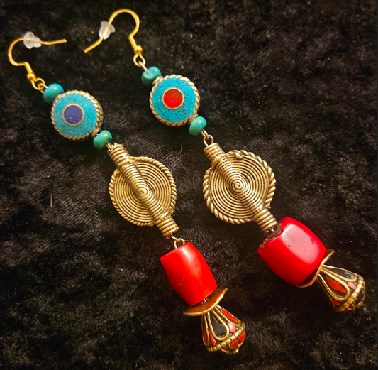African Tibetan Tribal Long Beaded Pierced Statement Earrings Red Go