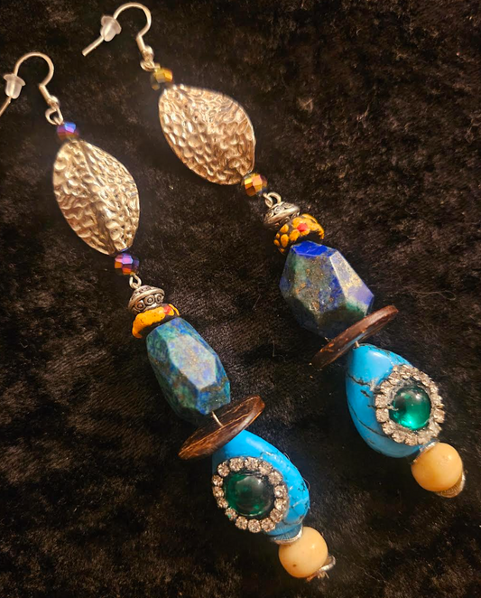 Blue Green & Silver Mixed Media Long Beaded Pierced Statement Earrings