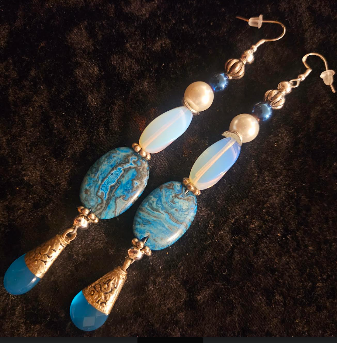 Blue White & Silver Exotic Long Beaded Pierced Statement Earrings Ja