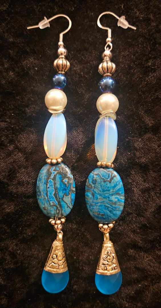 Blue White & Silver Exotic Long Beaded Pierced Statement Earrings Ja