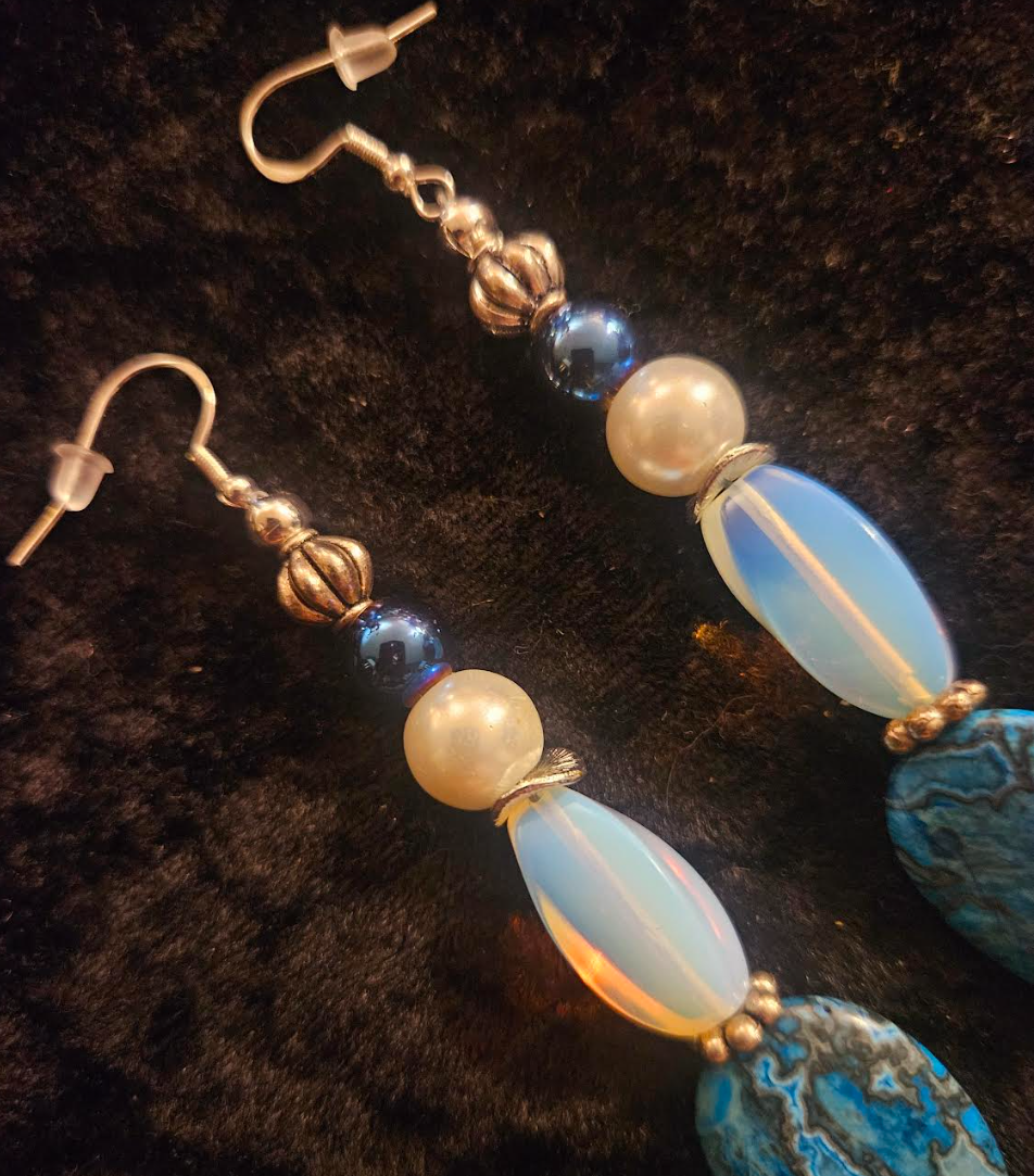 Blue White & Silver Exotic Long Beaded Pierced Statement Earrings Ja