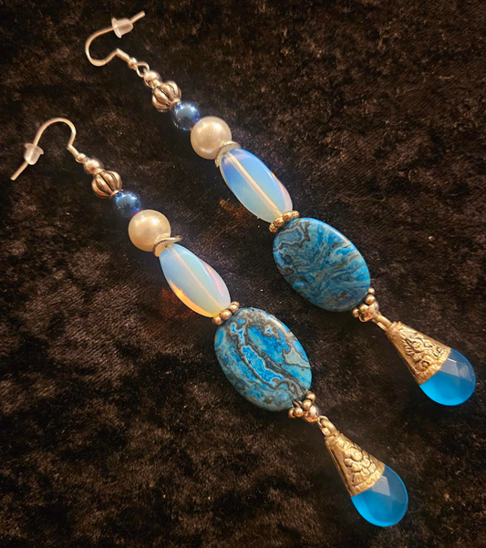 Blue White & Silver Exotic Long Beaded Pierced Statement Earrings Ja